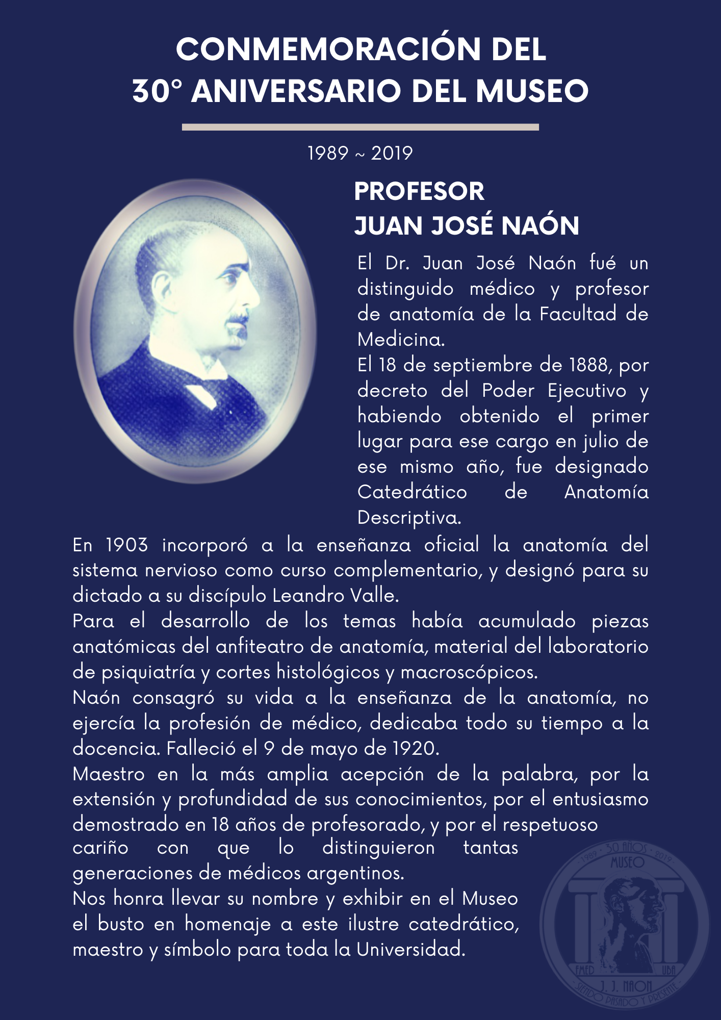 Durante todo el año 2019 realizamos homenajes a las personalidades que engrandecieron nuestra historia  Las fechas fueron publicadas oportunamente en cartelera y redes; Todos los actos se llevaron a cabo con la presencia de Profesores y personalidades de nuestra Facultad, familiares, amigos y colegas de las figuras  homenajeadas.     prof Naón  Profesor Juan José Naón  Acto central de las celebraciones, apertura a cargo del Decano de la Facultad, Prof. Dr. Ricardo J. Gelpi, palabras de nuestro Director, Prof. Dr. Eduardo N. Saad y de familiares del Profesor Naón.